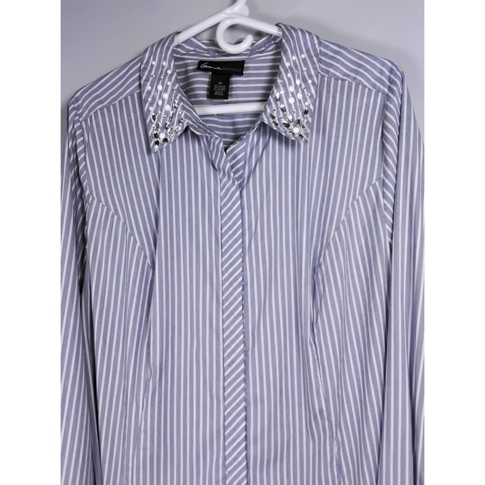 LANE BRYANT Womens Bling Blouse Shirt Size 20 Blue White Striped Long Sleeve